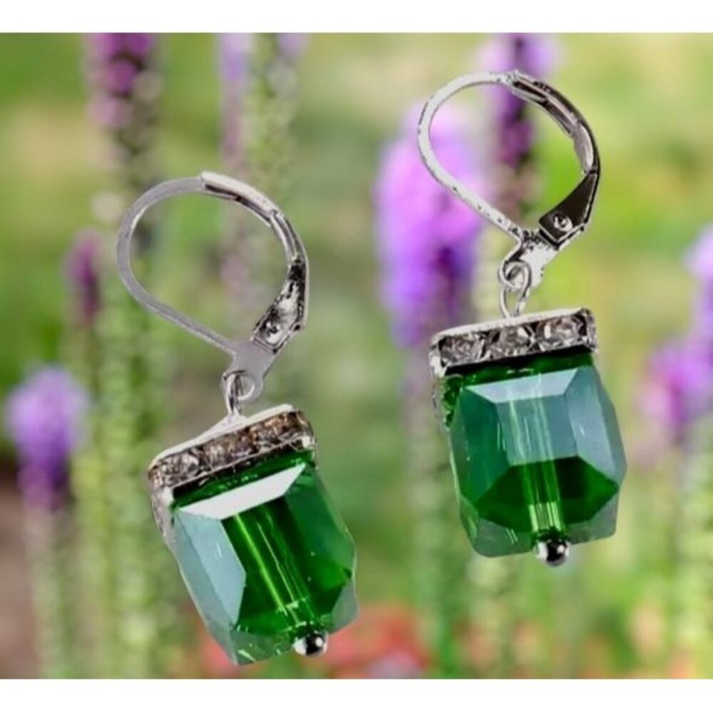 Light Emerald Earrings New Square Cube Rhinestones May Wedding St Patricks Day